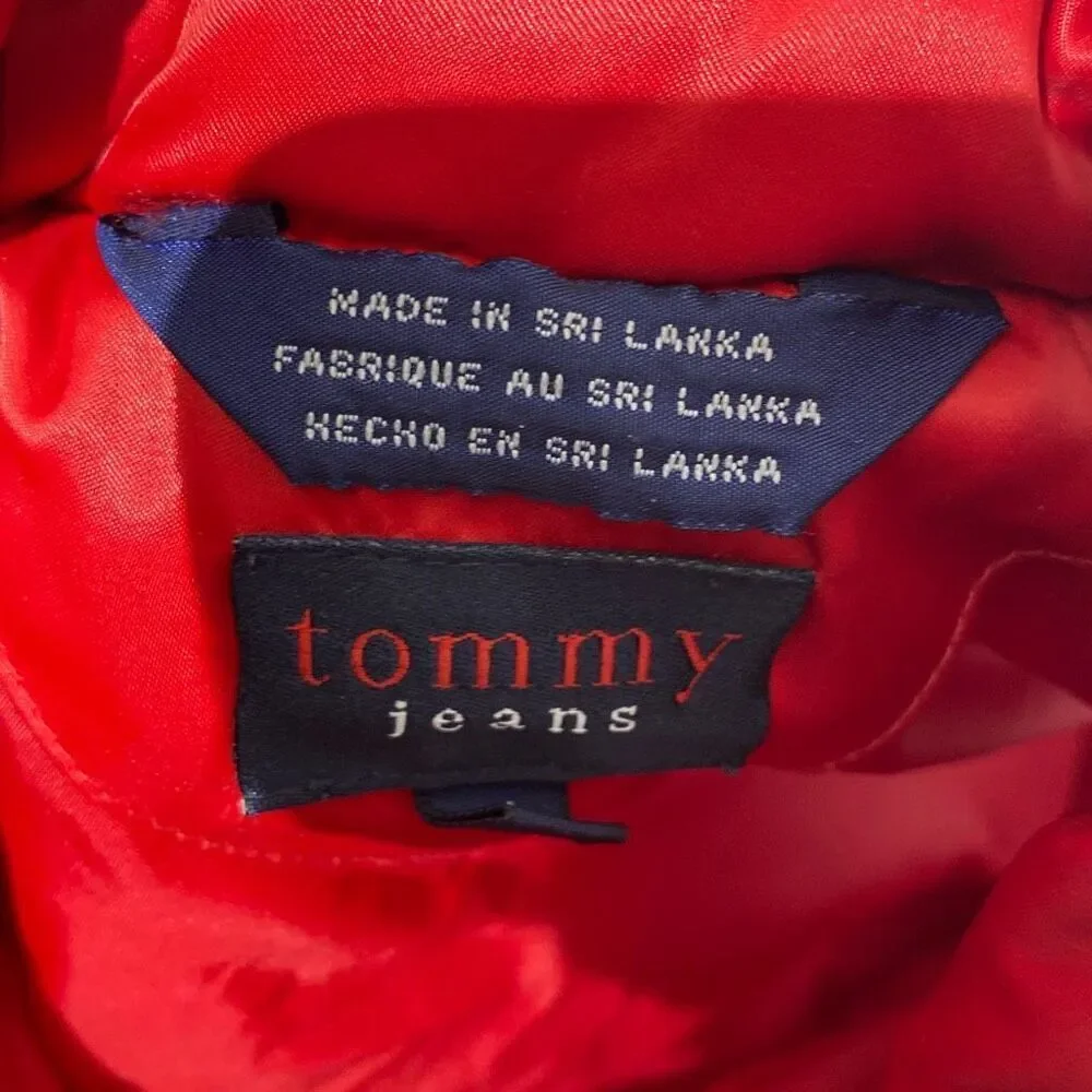 Vintage Tommy Jeans Women's Red Satin Collared Full Zip Puffer‎ Vest Medium